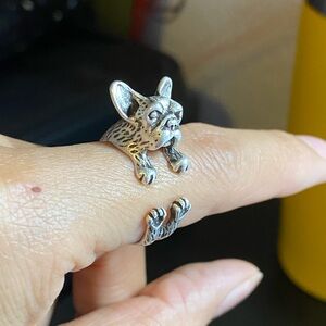 Unisex silver French bulldog open ring, Animal Irregular Chunky Punk open ring